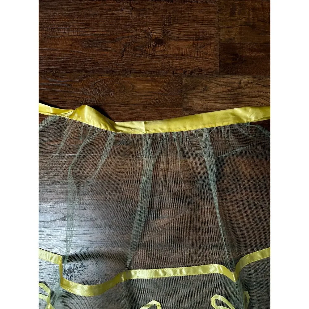 Vintage Handmade Green Tulle Half Apron — Mid Century Yellow Satin Ribbon Bows